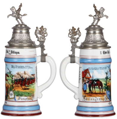 Regimental stein, .5L, 11.5'' ht., porcelain, 2. Esk., 2. Cheval Regt. Dillingen, 1899 - 1902, two side scenes, roster, lion thumblift, named to: Chev. Näpflein, lithophane lines, otherwise mint. - 2