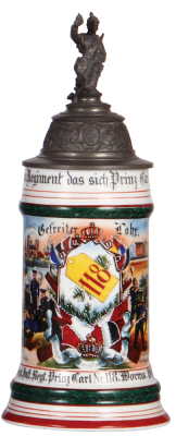 Regimental stein, 5.L, 11.0'' ht., porcelain, 6. Comp., Inft. Regt. Nr. 118, Worms, 1901 - 1903, two side scenes, roster, lion thumblift, named to: Gefreiter Lahr, faint lithophane lines, otherwise mint.