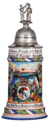 Regimental stein, .5L, 11.3" ht., porcelain, 8. Comp., Bayr. Inft. Regt Nr. 12, Neu-Ulm, 1906 - 1908, four side scenes, roster, lion thumblift, named to: Infantrist Heribert Salzgeber, pewter is light color - no oxidation, mint.