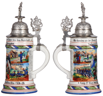 Regimental stein, .5L, 11.3" ht., porcelain, 8. Comp., Bayr. Inft. Regt Nr. 12, Neu-Ulm, 1906 - 1908, four side scenes, roster, lion thumblift, named to: Infantrist Heribert Salzgeber, pewter is light color - no oxidation, mint. - 2