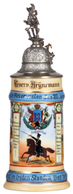 Regimental stein, .5L, 11.5" ht., porcelain, Train Batt. Nr. 13, Ludwigsburg, 1901 - 1903, seven side scenes, roster, Württemberg thumblift, named to: Reserv. Heÿnemann, mint.