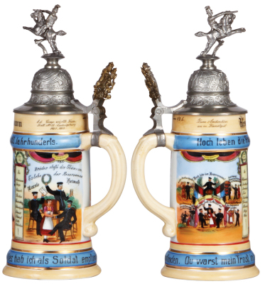 Regimental stein, .5L, 11.5" ht., porcelain, Train Batt. Nr. 13, Ludwigsburg, 1901 - 1903, seven side scenes, roster, Württemberg thumblift, named to: Reserv. Heÿnemann, mint. - 2