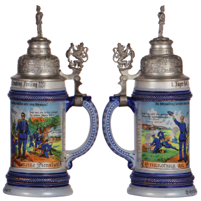 Regimental stein, .5L, 11.4" ht., stoneware, 4. Comp., bayr. 1. Jäger Bat., Straubing - Freising, 1905 - 1907, two side scenes, roster, lion thumblift, named to: Gefreiter Pfäffinger, slight pewter tear, a few pin head size glaze flakes. - 2