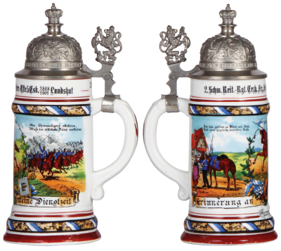 Regimental stein, .5L, 10.2" ht., porcelain, 5. Esk., bayr. 2. Schw. Reiter Regt. Landshut, 1898 - 1901, two side scenes, lion thumblift, named to: Georg Eder, mint. - 2