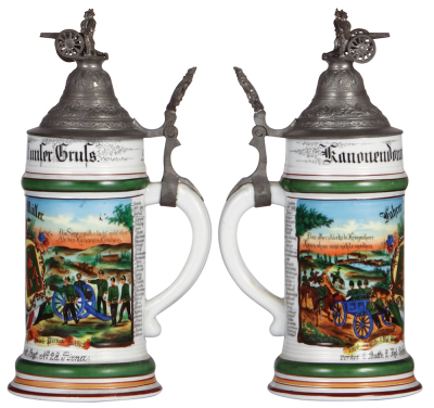 Regimental stein, .5L, 10.5" ht., porcelain, 1. Battr. Feld Artl. Regt. Nr. 64, Pirna u., 4. Battr. Feld Artl. Regt. Nr. 28, Pirna, 1900 - 1902, two side scenes, roster, Saxon thumblift, named to: Fahrer Müller, mint.  - 2