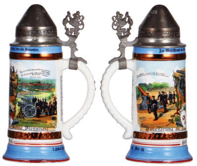 Regimental stein, .5L, 9.7'' ht., porcelain, 10. Comp., 2. Fuss Artl. Regt., Metz, 1906 - 1908, two side scenes, roster, lion thumblift, named to: Gefreiter Will, screw-fuse lid, slight pewter dent & tear, otherwise mint. - 2