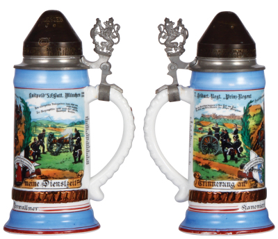 Regimental stein, .5L, 9.8'' ht., porcelain, 5.[f.] Batt., bayr. 7. Feld Artl. Regt., München, 1906 - 1908, two side scenes, roster, lion thumblift, named to: Kanonier Franz Dorwallner, screw-fuse lid, mint. - 2