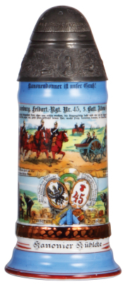 Regimental stein, .5L, 10.0'' ht., porcelain, 5. Battr., Feld Artl. Regt. Nr.45, Altona - Bahrenfeld, 1906 - 1908, four side scenes, roster, St. Barbara thumblift, named to: Kanonier Kühlcke, screw-fuse lid, mint.