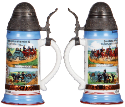 Regimental stein, .5L, 10.0'' ht., porcelain, 5. Battr., Feld Artl. Regt. Nr.45, Altona - Bahrenfeld, 1906 - 1908, four side scenes, roster, St. Barbara thumblift, named to: Kanonier Kühlcke, screw-fuse lid, mint. - 2