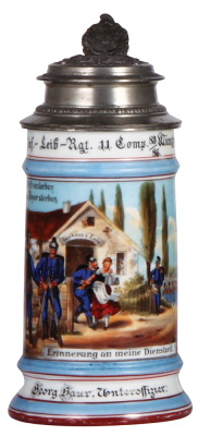 Regimental stein, 5.L, 8.8'' ht., porcelain, 11. Comp., bayr. Inft. Leib Regt., München, 1883 - 1886, large wrap-around scene, Bavarian thumblift, named to: Unteroffizier Georg Baur, relief lid, mint.