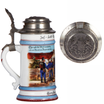 Regimental stein, 5.L, 8.8'' ht., porcelain, 11. Comp., bayr. Inft. Leib Regt., München, 1883 - 1886, large wrap-around scene, Bavarian thumblift, named to: Unteroffizier Georg Baur, relief lid, mint. - 3