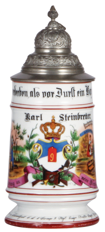 Regimental stein, .5L, 8.6'' ht., porcelain, 1. Comp., 9. bayr. Inftr. Rgt., Würzburg, 1896 - 1898, two side scenes, bock thumblift, named to: Karl Steinbrenner, mint.