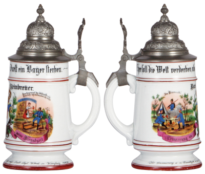 Regimental stein, .5L, 8.6'' ht., porcelain, 1. Comp., 9. bayr. Inftr. Rgt., Würzburg, 1896 - 1898, two side scenes, bock thumblift, named to: Karl Steinbrenner, mint. - 2