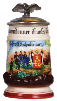 Regimental stein, .5L, 7.5" ht., porcelain, 5. fahr. Battr., Feld Artl. Regt. Nr. 47, Fulda, 1904 - 1906, no side scenes, eagle thumblift, named to: Reservist Aschenbrenner, porcelain inlaid lid, mint.