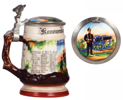 Regimental stein, .5L, 7.5" ht., porcelain, 5. fahr. Battr., Feld Artl. Regt. Nr. 47, Fulda, 1904 - 1906, no side scenes, eagle thumblift, named to: Reservist Aschenbrenner, porcelain inlaid lid, mint. - 3