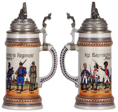 Regimental stein, 1.0L, 12.6'' ht., stoneware, Kgl. Bayrisches 3. Infanterie Regiment, uniforms 1698 to 1914, commemorative, floral thumblift, pewter lid with large monument thumblift, mint. - 2