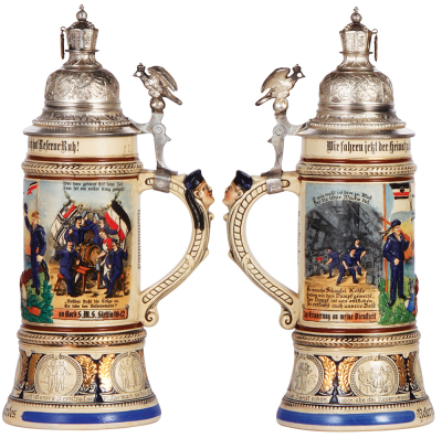 Regimental stein, 1.0L, 12.2" ht., pottery, S.M.S. Stettin, 1909 - 1912, two side scenes, roster, eagle thumblift, named to: Reservist Merdes, mint.  - 2