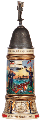 Regimental stein, 1.0L, 14.7" ht., pottery, S.M.S. Lübeck, 1907- 1910, two side scenes, roster, eagle thumblift, named to: Reservist Kuckelinskn, mint. 