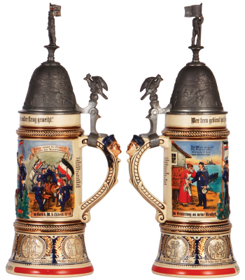 Regimental stein, 1.0L, 14.7" ht., pottery, S.M.S. Lübeck, 1907- 1910, two side scenes, roster, eagle thumblift, named to: Reservist Kuckelinskn, mint.  - 2