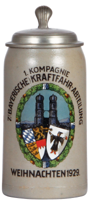 Military stein, 1.0L, stoneware, 1. Komp., 7. [Bayerische] Kraftfahr Abteilung, 1929, pewter lid, slight pewter tear, body mint. - 4