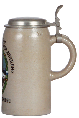 Military stein, 1.0L, stoneware, 1. Komp., 7. [Bayerische] Kraftfahr Abteilung, 1929, pewter lid, slight pewter tear, body mint. - 5