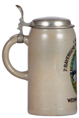 Military stein, 1.0L, stoneware, 1. Komp., 7. [Bayerische] Kraftfahr Abteilung, 1929, pewter lid, slight pewter tear, body mint. - 6