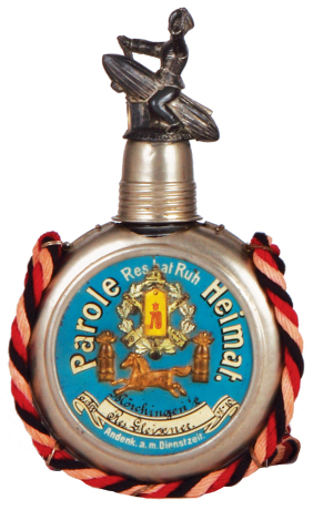 Regimental flask, .25L, glass & metal case, 6. Battr. Feld Artl. Regt. Nr. 70, Mörchingen, 1908 - 1910, named to: Res. Gleisener, finial missing small piece of pewter, otherwise mint.