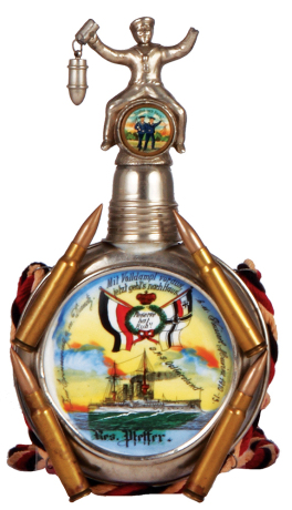 Regimental flask, .25L, porcelain, S.M.S Ostriefsland, 1910 - 1913, named to: Res. Pfeffer, metal case with bullets, finial missing left hand, otherwise mint.