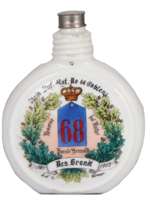 Regimental flask, .25L, porcelain, 10. Comp., Inft. Regt. Nr. 68, Coblenz, 1901 - 1903, named to: Res. Brandt, without metal case, minor flakes.