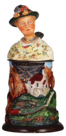 Character stein, .5L, porcelain, marked Jos. M. Mayer München, Alpine Woman, excellent neck repair, lines in lithophone.