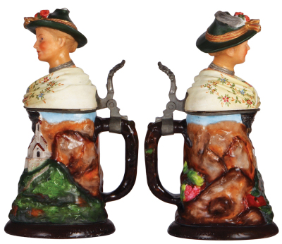 Character stein, .5L, porcelain, marked Jos. M. Mayer München, Alpine Woman, excellent neck repair, lines in lithophone. - 2