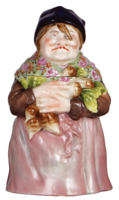 Character stein, .5L, porcelain, marked Musterschutz, by Schierholz, Old Woman with Radish, chips & hairline on side of the lid.