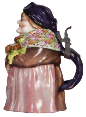 Character stein, .5L, porcelain, marked Musterschutz, by Schierholz, Old Woman with Radish, chips & hairline on side of the lid. - 2