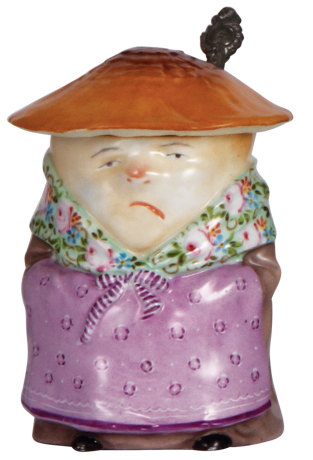 Character stein, .5L, porcelain, marked with hash marks, by Schierholz, Mushroom Lady, mint.