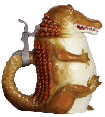 Character stein, .5L, porcelain, marked Musterschutz, by Schierholz, Alligator, mint. - 3