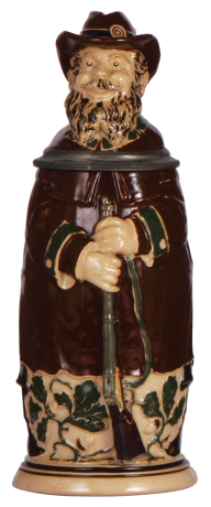 Character stein, .5L, pottery, marked J. Reinemann, München, Jäger, flake on hat brim, otherwise mint.