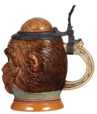 Character stein, .5L, pottery, by Diesinger, 699, Monkey, small ear chips repaired, pewter tear & center hinge ring missing. - 2