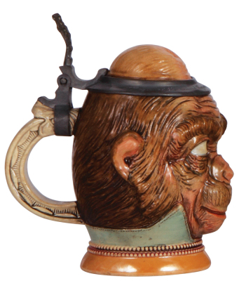 Character stein, .5L, pottery, by Diesinger, 699, Monkey, small ear chips repaired, pewter tear & center hinge ring missing. - 3