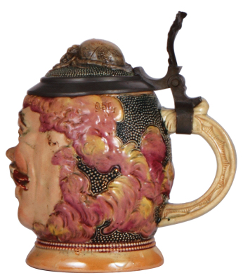 Character stein, .5L, pottery, by Diesinger, 692, Face with Duck & Bug, faint .5" hairline on top rim. - 2