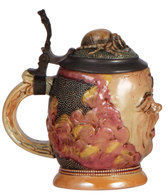 Character stein, .5L, pottery, by Diesinger, 692, Face with Duck & Bug, faint .5" hairline on top rim. - 3