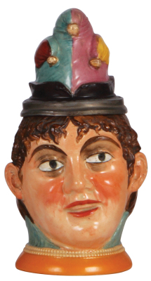 Character stein, .5L, pottery, by Diesinger, 702, Woman with Carnival Hat, very good repair to chips on inlay & base.