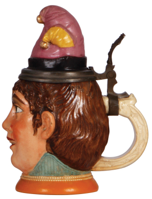 Character stein, .5L, pottery, by Diesinger, 702, Woman with Carnival Hat, very good repair to chips on inlay & base. - 2