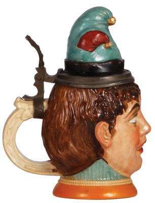 Character stein, .5L, pottery, by Diesinger, 702, Woman with Carnival Hat, very good repair to chips on inlay & base. - 3