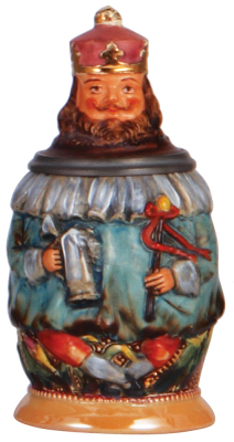 Character stein, .25L, pottery, by Diesinger, Gambrinus, very good chip repair on inlay.