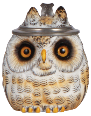 Character stein, .5L, porcelain, marked E. Bohne Söhne, Owl, inscription on pewter rim, mint.