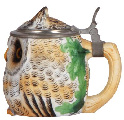 Character stein, .5L, porcelain, marked E. Bohne Söhne, Owl, inscription on pewter rim, mint. - 2