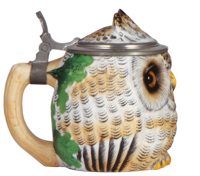 Character stein, .5L, porcelain, marked E. Bohne Söhne, Owl, inscription on pewter rim, mint. - 3