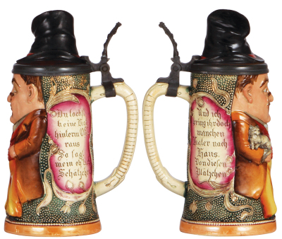 Character stein, .5L, pottery, by Diesinger, 765, Man with Top Hat, excellent lid chip repair. - 2