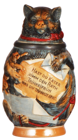 Character stein, .5L, pottery, 767, by J. W. Remy, Cat, chip on one ear.