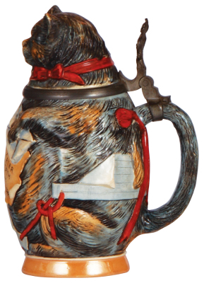 Character stein, .5L, pottery, 767, by J. W. Remy, Cat, chip on one ear. - 2